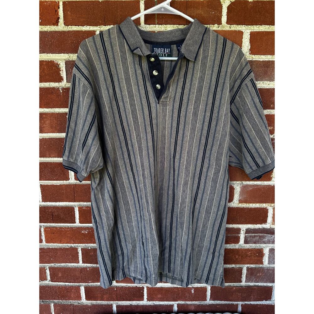 Vintage Trader Bay Golf Striped Knit Polo Shirt Gray Navy 90s